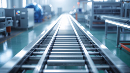 Fototapeta premium A long, straight conveyor belt in a modern factory, ready to transport materials and goods.