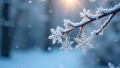 Intricate snowflakes on a frosty winter branch , flora, frosty branch, nature