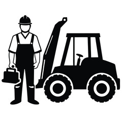 Construction worker element isolated backhoe loader on white background