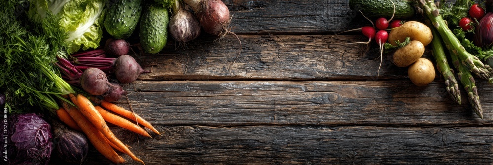 Aufkleber Rustic Wooden Background Featuring an Array of Fresh Produce Including Vegetables and Herbs Ready for a Meal Preparation or Culinary Use