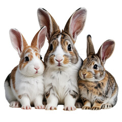 Fototapeta premium Three rabbits sitting together, white, brown, orange, grey, black fur isolated on transparent background