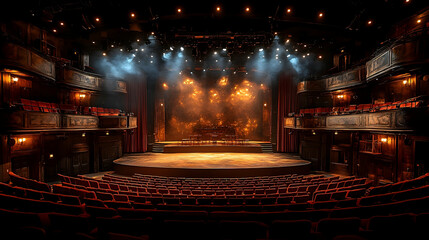 An opulent theatre, showcasing a grand stage bathed in warm lighting, ready for a performance.  The tiered seating offers an intimate yet expansive view