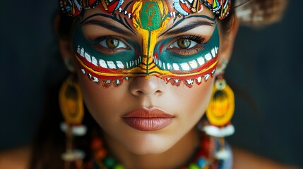 Fototapeta premium A woman?s vibrant face is adorned with intricate, colorful tribal-inspired paint designs, capturing a moment of powerful expression and cultural artistry.