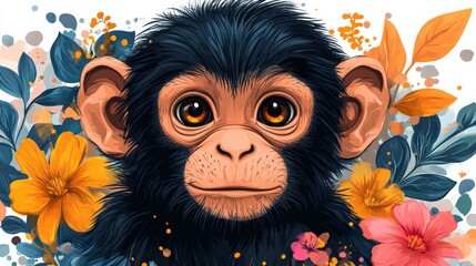 Adorable cartoon monkey surrounded by vibrant flowers and leaves