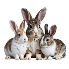 Obraz premium Three cute rabbits sitting together, white, brown, orange, black colors, isolated on transparent background