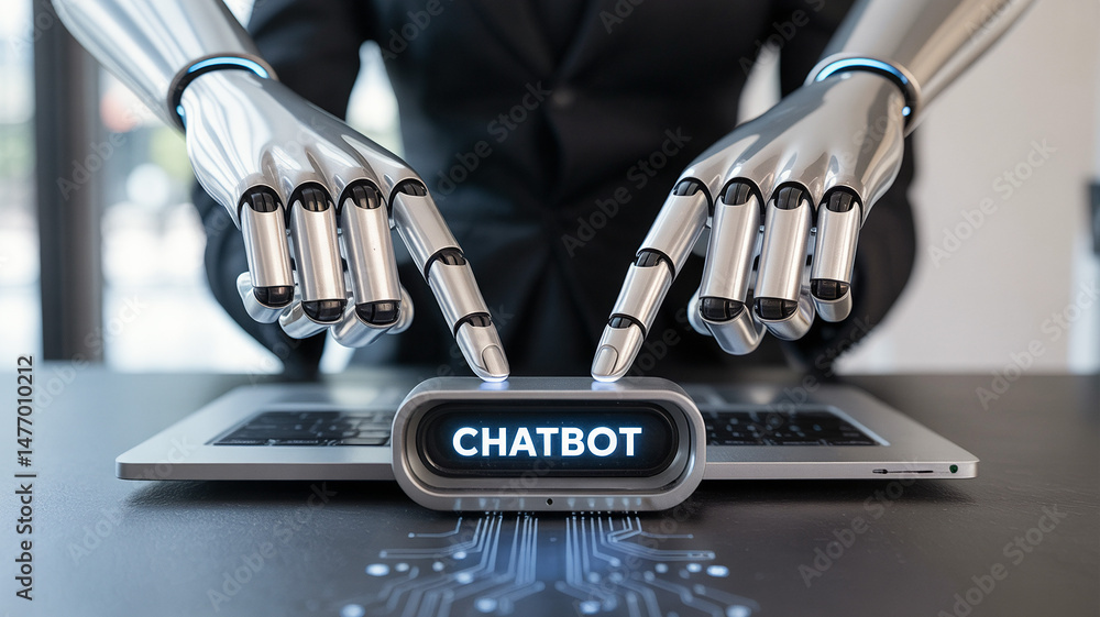 Poster robot hands pointing to a laptop button chatbot or artificial intelligence concept