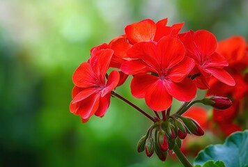 Fototapeta premium Cluster of bright red geranium flowers with green leaves against blurred background.