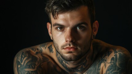 A young man with intricate tattoos and a focused, intense gaze stares directly at the camera.
