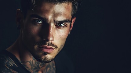 Obraz premium A young man with intricate tattoos stares intensely at the camera, his expression conveying a thoughtful and slightly brooding demeanor.