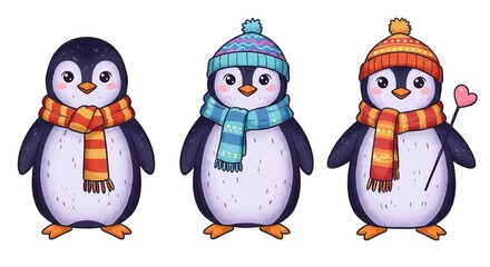Fototapeta premium Cute Penguins Wearing Winter Hats and Scarves