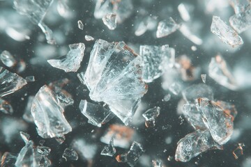 Crystals in Motion: An abstract, artistic capture of scattered, translucent crystal fragments, suspended mid-air against a dark, textured background, creating a mesmerizing sense of energy and motion.