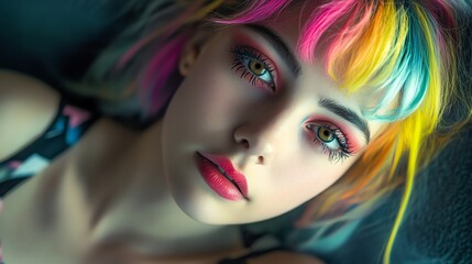 Naklejka premium A vibrant young woman with intensely colored hair poses confidently against a neutral background.