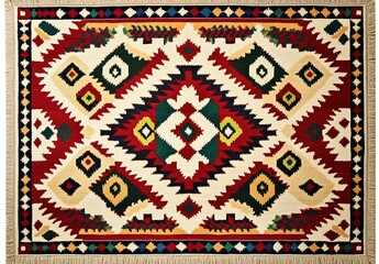 Traditional woven rug with red background and geometric patterns.