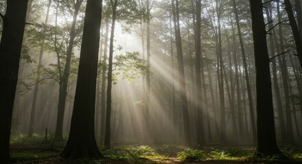 Obraz premium Sunbeams pierce a misty forest