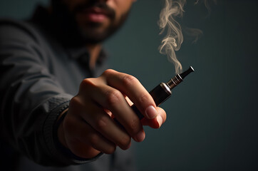 steam room vape in men in hands Electronic cigarette vape on a dark background with steam Closeup Hand Holding Vape Pen Emitting Smoke Dark Background