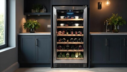 Sleek chrome wine cooler showcasing chilled bottles , bottles, unit