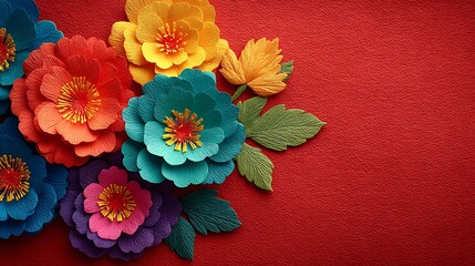 Colorful paper flowers on a red background, flat lay design with copy space for text, perfect for Mother's Day or Women's Day celebrations