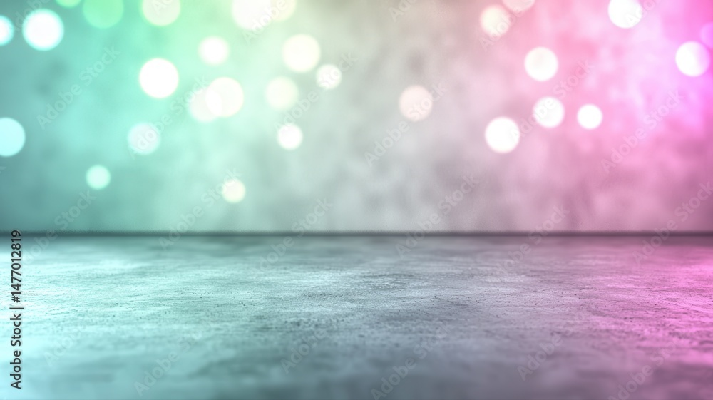 Poster empty concrete floor studio with vibrant gradient bokeh lights background concrete floor background