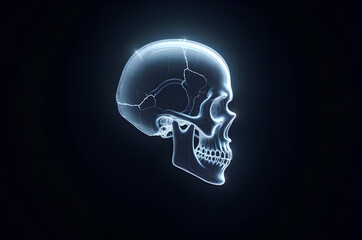 Glowing skull details and elements embodying advanced technologies and the fusion of man and machine, neon light on a dark background.generative ai