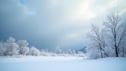 Fototapeta premium Stark winter landscape against a muted grey sky Frozen branches, snow-covered ground, cold atmosphere , snow, quiet, monochrome