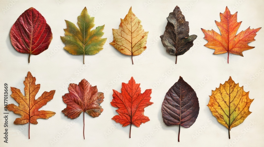 Poster collection of autumn leaves in various colors and shapes arranged on a beige background.