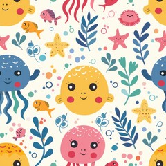 seamless pattern of adorable cartoon marine animals, colorful seaweed and coral, pastel background