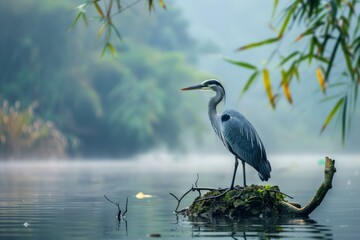 Fototapeta premium Majestic grey heron standing on a small island in the middle of a misty lake, surrounded by reeds and fog, creating a serene atmosphere