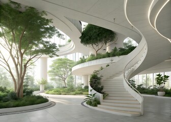 Obraz premium Modern Indoor Garden with Spiral Staircase and Trees