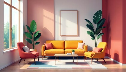 Stylish interior design vector illustration featuring modern furniture and abstract shapes , trend, living room, art