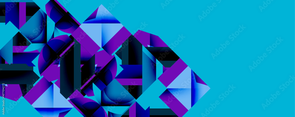 Poster Abstract geometric shapes, vibrant blues, purples dominate composition. Modern digital art, sharp angles create dynamic visual effect.