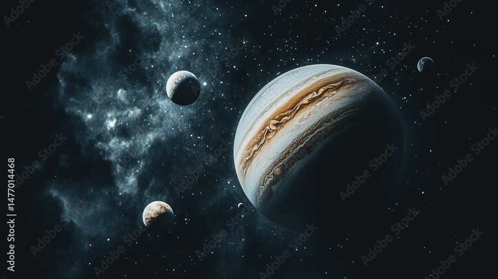 Poster jupiter and surrounding celestial bodies in deep space.