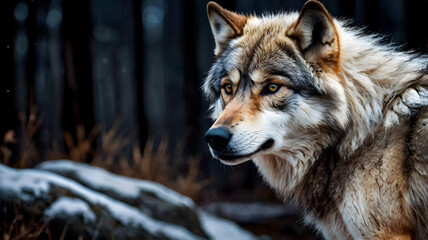 Fototapeta premium cinematic feel of a wolf with thick fur in a winter forest