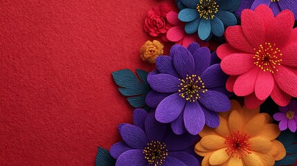 Colorful paper flowers on a red background, flat lay design with copy space for text, perfect for Mother's Day or Women's Day celebrations