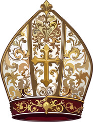 Intricate Gold Papal Mitre Vector with Ornate Baroque Cross Design and Burgundy Trim – Catholic Bishop Hat Illustration