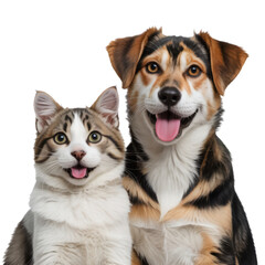 Tabby and white cat and brown black white dog looking happy isolated on transparent background
