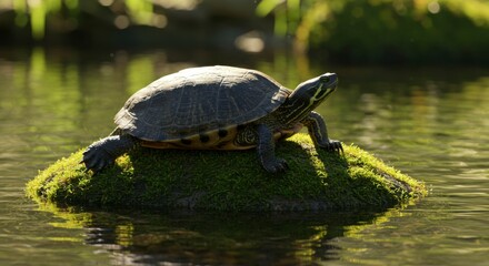 Turtle on mossy rock in pond