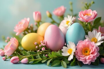 Vibrant Easter eggs nestled in a spring floral arrangement, pastel colors , spring flowers, ornament, spring decorations