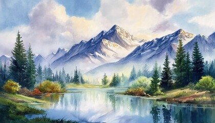 Obraz premium Watercolor painting of snow-capped mountains, forest, lake, and clouds.