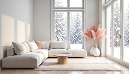 Serene Scandinavian-inspired winter living room with a white modular sectional sofa and snowy forest view, promoting tranquility and minimalism.