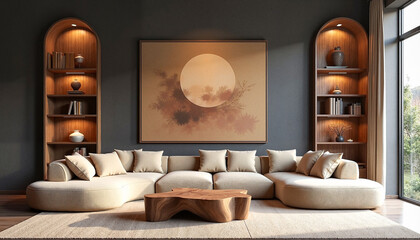 High-end modern living room featuring a sculptural beige sectional sofa and a striking abstract painting, artistic elegance.