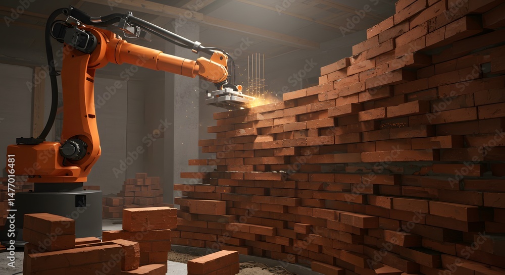 Poster automated bricklaying: robotic arm constructing brick wall with precision and efficiency, sparks fly