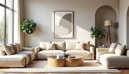 Cozy Scandinavian-style living room with beige modular sofas and modern decor, serene ambiance and natural elegance.