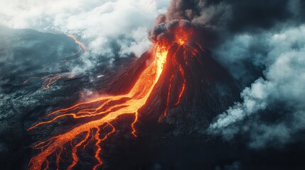 Volcanic eruption of molten lava and smoke
