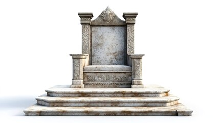 Stone throne with pointed backrest and steps on white background.