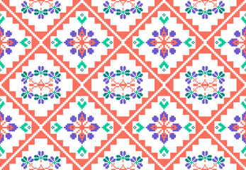 Cross stitch pattern concept showcasing traditional ethnic geometric pattern, Design for textile, background,carpet,wallpaper,clothing,wrapping,Batik,fabric,Vector illustration	
