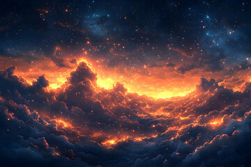 Fototapeta premium Glowing cloudscape at night, filled with bright stars, fiery hues, and a sense of cosmic wonder