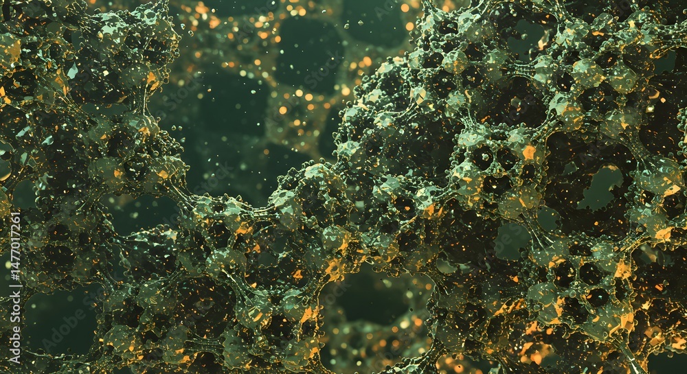 Aufkleber abstract cellular network: complex 3d rendered interconnected structure with green and gold highligh