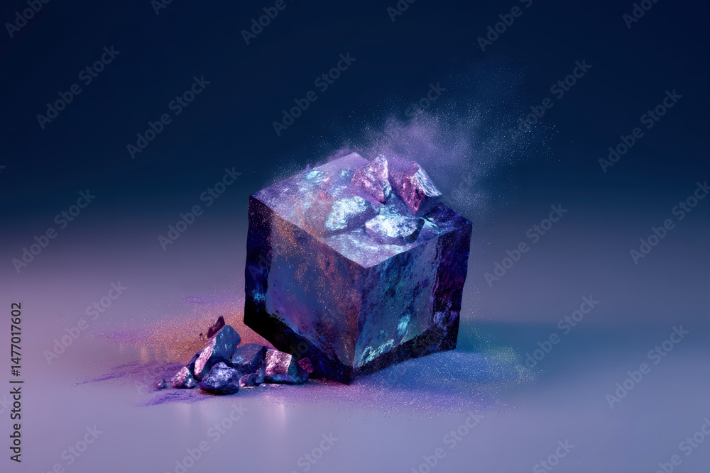 Poster a crystal cube dissolving into colorful particles