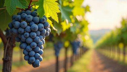 Fototapeta premium Close-up of dew-covered grape clusters glistening in morning light against a blurred vineyard background, symbolizing fresh harvest in Tuscany.