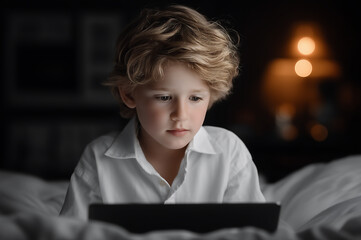  a young boy in a white shirt watching a tablet while lying on a bed in a dark room